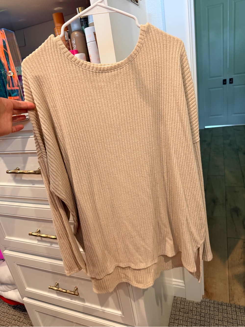 Time and Tru Beige Ribbed Long-Sleeve Knit Top